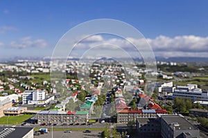 Aerial view of Reykjavik, the capital of Iceland with tilt effect