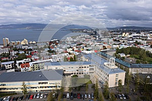 Aerial view of Reykjavik from the top of Hallgrimskirkja church, Iceland