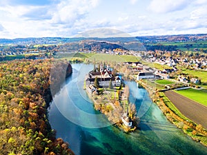 Aerial view of the Rheinau Abbey Islet on Rhine river photo