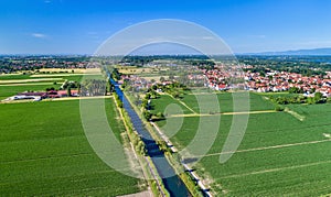 Aerial view of the Rhone - Rhine Canal in Alsace, France
