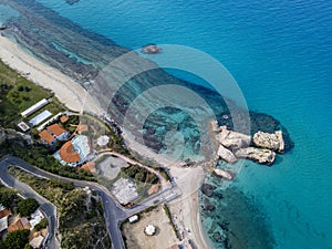 Aerial view of the Riaci rocks, Riaci beach near Tropea, Calabria. Italy.