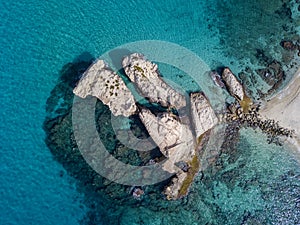 Aerial view of the Riaci rocks, Riaci beach near Tropea, Calabria. Italy.