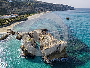 Aerial view of the Riaci rocks, Riaci beach near Tropea, Calabria. Italy.