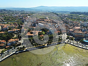 Aerial view of Rias Baixas of Cambados village in Galicia Spain