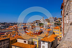 Aerial view of Ribeira District in Porto, Portugal at a beautiful sunset
