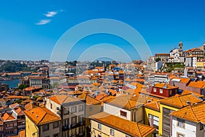 Aerial view of Ribeira District in Porto, Portugal at a beautiful sunset