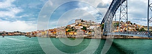 Panorama view of Ribeira and at Dom Luis Bridge at Oporto, Portugal photo