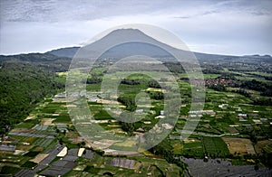 Aerial view of Rice fields and villages, near mount Agung. Bali, Indonesia