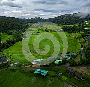 Aerial view of rice terrace village in chiang mai northern of thailand