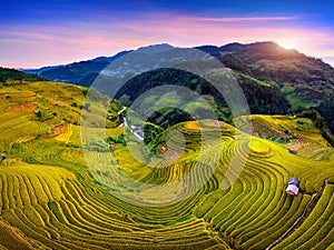 Aerial view of Rice terraces at Mam xoi viewpoint in Mu cang chai, Vietnam.