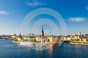 Aerial view of Riddarholmen district and ship, Stockholm, Sweden