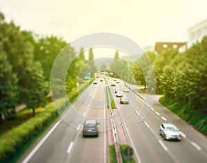 Aerial view of a right hand motorway highway sunny day