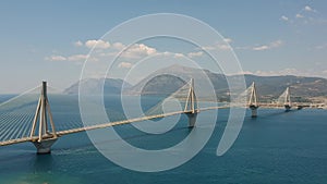 Aerial view of Rio Antirrio or Charilaos Trikoupis Bridge near Patra City, Greece