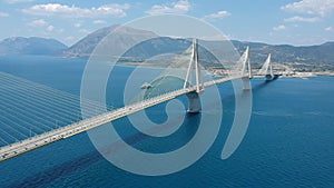Aerial view of Rio Antirrio or Charilaos Trikoupis Bridge near Patra City, Greece