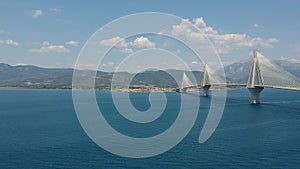 Aerial view of Rio Antirrio or Charilaos Trikoupis Bridge near Patra City, Greece