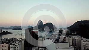 Aerial view of Rio de Janeiro, Brazil. Sugar loaf mountain and Botafogo beach. Christ the redeemer