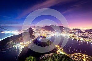 Aerial view of Rio de Janeiro at night with Urca and Corcovado mountain and Guanabara Bay - Rio de Janeiro, Brazil