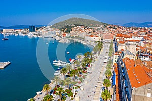 Aerial view of Riva promenade in Split with Marjan hill, Croatia photo