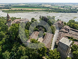 Aerial view of Rivalta castle on the Trebbia river, Piacenza province, Emilia-Romagna, Italy photo
