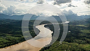 Aerial view of river in the amazon jungle in Peru
