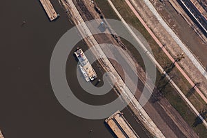 Aerial view of a river barge in Poland