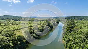 Aerial view of river and beautiful forest. Veleka River in Bulgaria