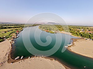 Aerial view of the river Bojana and the Ada Bojana island, Monte