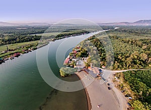Aerial view of the river Bojana and the Ada Bojana island, Monte