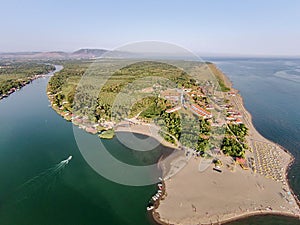 Aerial view of the river Bojana and the Ada Bojana island, Monte