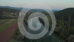 Aerial view of the river Cetina at dusk, Croatia