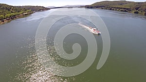 Aerial view of a river and cruise ship in Chile