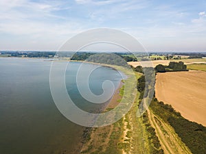 Aerial view of the River Deben and the surrounding countryside fields. A stereotypical view of the suffolk countryside