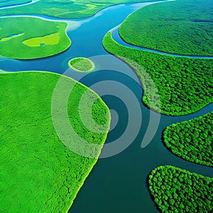 aerial view of a river delta with lush green vegetation and winding waterways