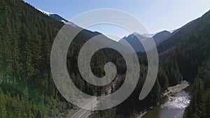 Aerial View of River and Duffey Lake Road from Lillooet to Pemberton, British Columbia, Canada.