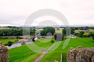 Aerial view of the River Eamont, Brough Castle entrance, Penrith, Cumbria.