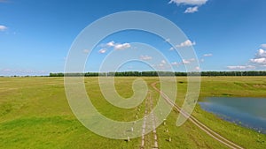 Aerial view of the river, forest, fields, a herd of cows and shepherds near the village of Chirichkasy, Chuvash Republic