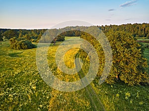 Aerial view of river in green meadows, beautiful sunset light