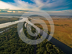 Aerial view of the river. Kherson region, Kherson, Ukraine