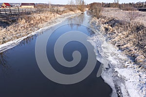 Aerial view on river landscape in spring season