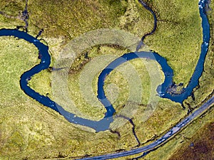 Aerial view of the River Lealt and Single track at Loch Cuithir and Sgurr a Mhadaidh Ruadh - Hill of the Red Fox, Isle photo