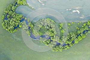 Aerial view of river meander in the lush green vegetation of the delta. Beautiful landscape - wild river in USA. National nature