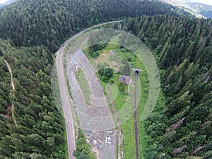 Aerial view of the river near the mountain road