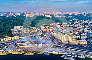 Aerial view of River Port, Podil and Postal Square in Kiev, Ukraine