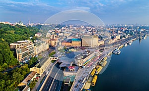 Aerial view of River Port, Podil and Postal Square in Kiev, Ukraine