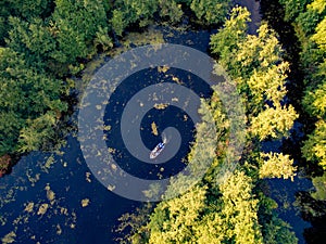 Aerial view of the river with a sailing boat. Kherson region, Kherson, Ukraine