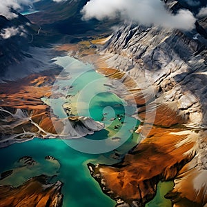 A aerial view of a river surrounded by mountains