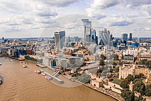 Aerial view of the river Thames, city of London district with modern skyscrapers