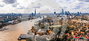 Aerial view of the river Thames, city of London district, and modern skyscrapers