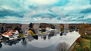 Aerial view of River Thames near the forest in Henley, England