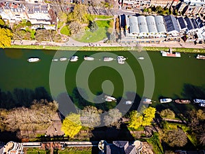 The aerial view of the river Thames near the Richmond bridge in London in spring